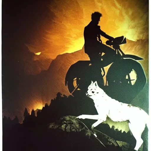 Prompt: david bowie riding a wolf forest ((over a rock)), dark lighting