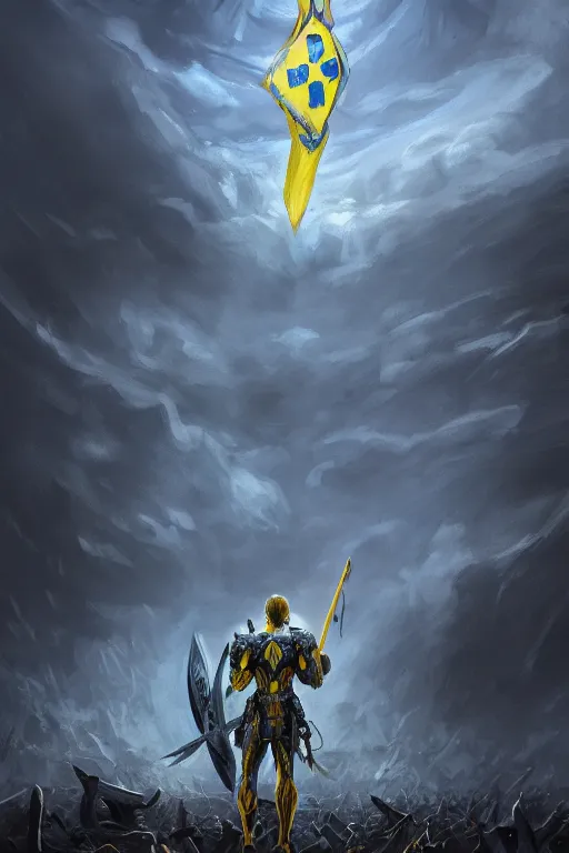 Prompt: a distant shot of a single super soldier with blue and yellow flag and a trident symbol standing alone on a huge pile of skulls as a winner, masculine figure, D&D, fantasy, dark atmosphere, beam of lights through the clouds, intricate, elegant, highly detailed, extremely detailed, digital painting, artstation, concept art, matte, smooth, sharp focus, illustration, art by Artgerm and Greg Rutkowski and Alphonse Mucha