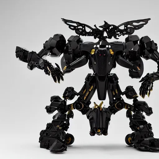 Image similar to realistic combat mech, carved black marble mechanical exoskeleton wearing hardsurface armour, inlaid with obsidian and gold accents, ivory rococo, wings lace wear, sculpted by spider zero, frank gehry, jeff koons, bandai box art