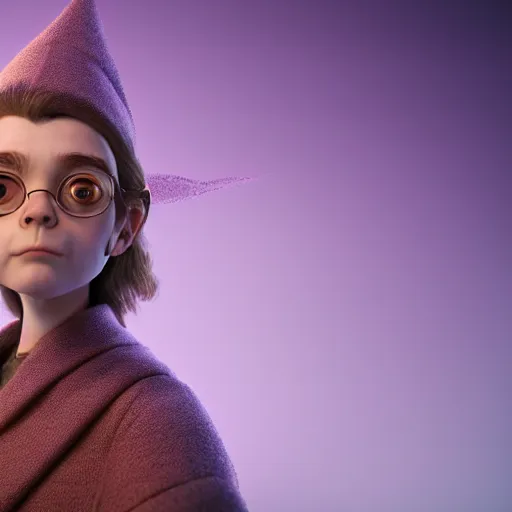 Image similar to portrait of lightfoot halfling wizard, brown hair, purple robes, holding blue wand, trending on artstation, cinematic lighting, hyper realism, octane render, 8 k, hyper detailed