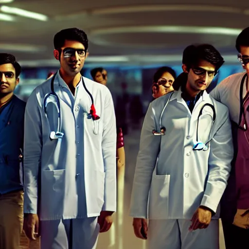 Image similar to Anxious good looking young Indian doctors in American clothes waiting at an airport, by Feng Zhu, highly detailed, excellent composition, cinematic concept art, dramatic lighting, trending on ArtStation