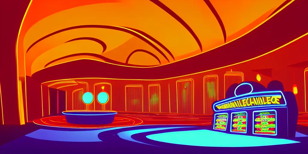 Prompt: minimalistic extreme wide angle curved perspective digital art of indoor casino with a stage pale colors by anton fadeev from nightmare before christmas