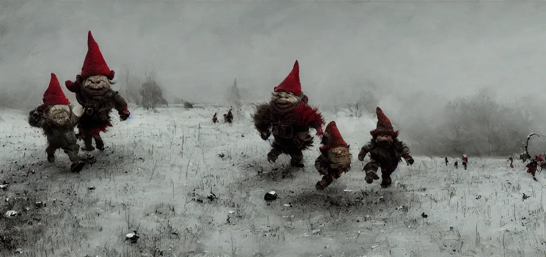 Prompt: two gnomes running from a monster, snowy fields, painting by jakub rozalski,