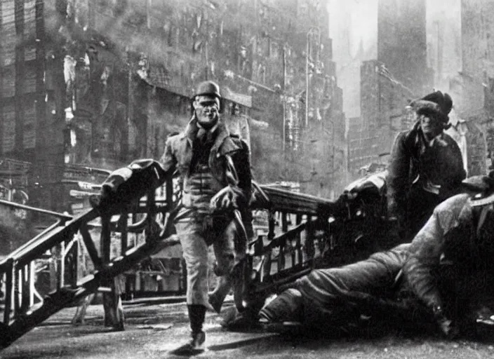 Prompt: scene from the 1 9 1 1 science fiction film escape from new york