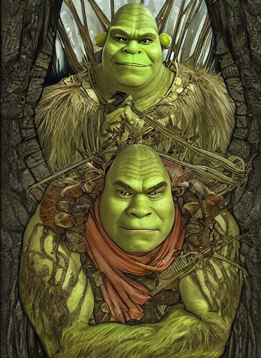 Prompt: Shrek as God of Swamp, brutal, epic, intricate, elegant, highly detailed, digital painting, 4k, HDR, concept art, smooth, sharp focus, illustration, art by alphonse mucha,artgerm, H R Giger