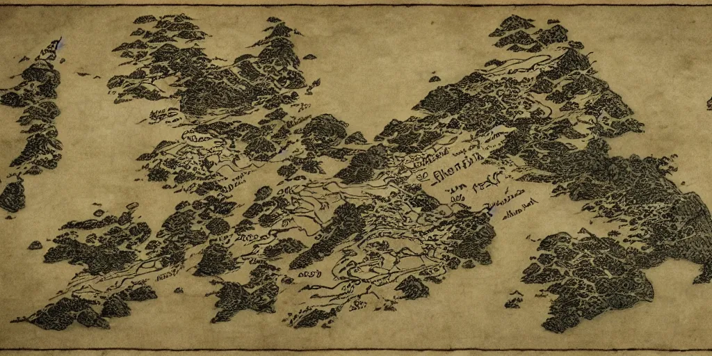 Prompt: old world fantasy style map of an island that looks like ireland, no handwriting on it, by arthur rackham and edmund dulac, HD, 4k, 8k, high detail!!, intricate, masterpiece, trending on artstation