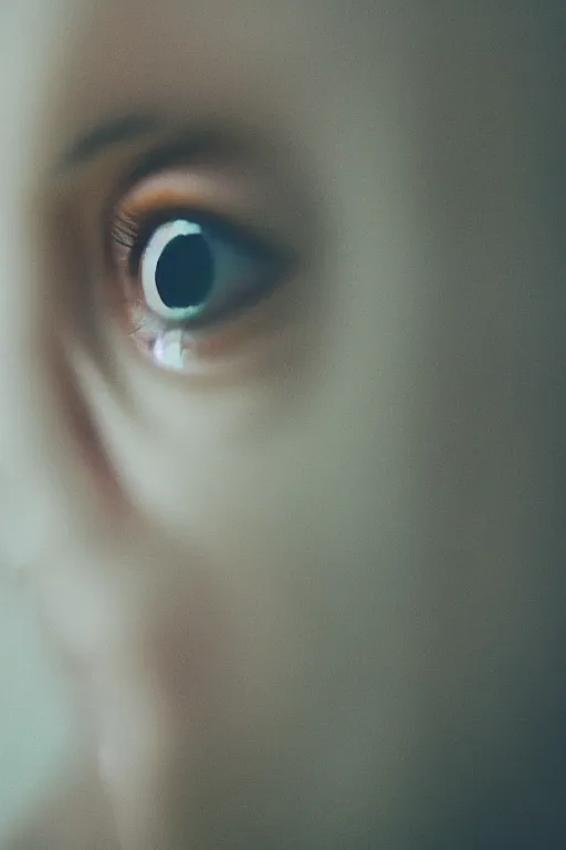 Prompt: kodak portra 4 0 0 photograph of a person looking out through their window, eyes, beautiful eyes, stunning eyes, close up, telephoto, faded effect, grain,