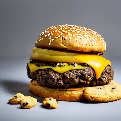 Prompt: a cheeseburger with chocolate chip cookie bun, food photography, highly detailed, advertisement