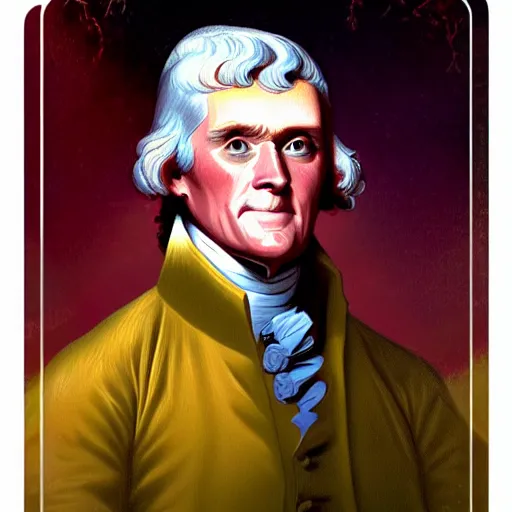 Image similar to portrait of Thomas Jefferson with red trees in the background, as a magic the gathering card, painted by Jaime Jones and Sergeant, high detail, trending on artstation