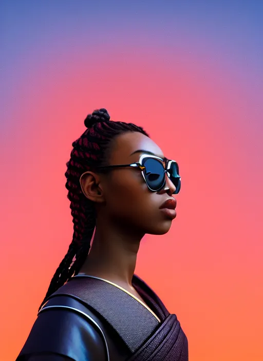 Prompt: attractive female portrait of african samurai, wearing shades, wearing gui, amber sky cloud background, rule of thirds, uplight, intricate, symmetrical!!, depth of field, cinematic, filmic, vsco, concept art, artstation, digital painting, elegant, epic, focus, octane render, vray render, arnold render,