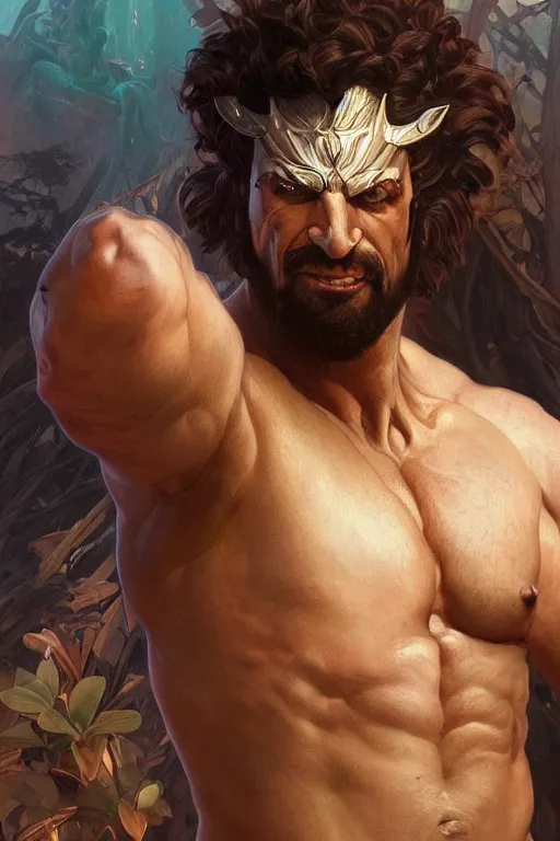 Image similar to portrait of ethan klein as a hulking herculean demon, forest, godlike, full body, fantasy, intricate, elegant, highly detailed, digital painting, artstation, concept art, sharp focus, illustration, art by artgerm and greg rutkowski and alphonse mucha