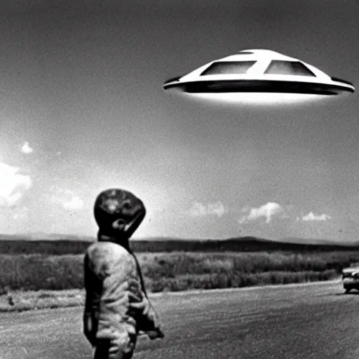 Image similar to ufo 1 9 4 7 landed aliens, black and white photograph