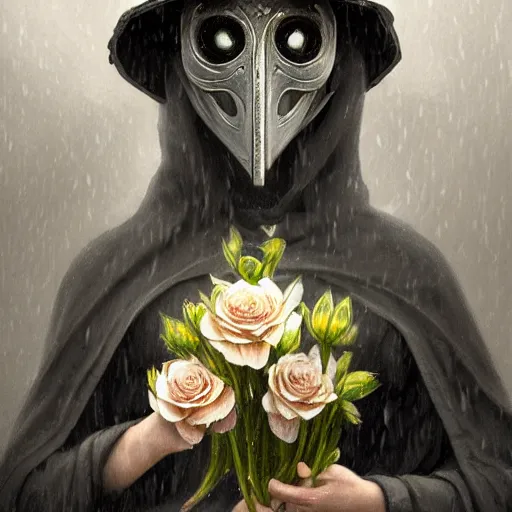 Image similar to female plague doctor holding flowers, heavy rain, wind, thunder, reflections, deep focus, d & d, fantasy, intricate, elegant, highly detailed, digital painting, artstation, concept art, matte, sharp focus, illustration, hearthstone, art by artgerm and greg rutkowski and alphonse mucha