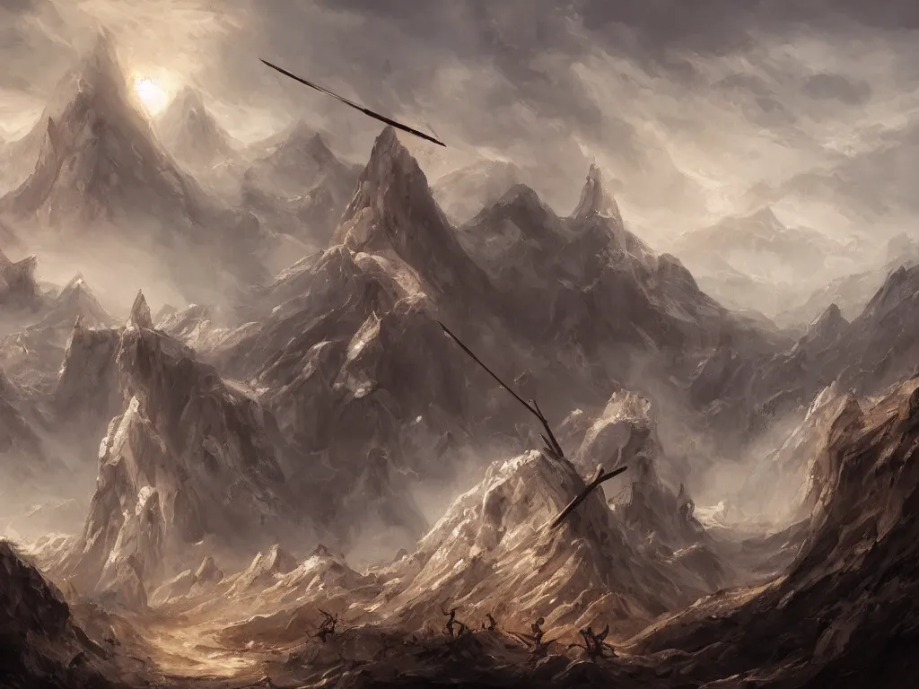 Image similar to a vast landscape painting of a giant skull with horns laying between the mountains, impaled on a sword, trending on artstation, high quality concept art, fantasy