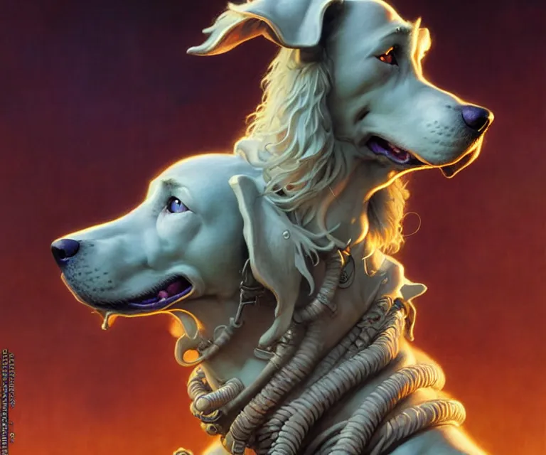 Image similar to beautiful fantasy character portrait of a maremma dog ultra realistic, dramatic lighting, the fifth element artifacts, highly detailed by peter mohrbacher, hajime sorayama, wayne barlowe, boris vallejo, aaron horkey, gaston bussiere, craig mullins