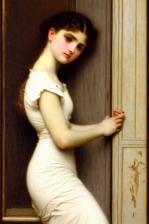 Image similar to girl in thought by auguste toulmouche and bouguereau, perfect detailed eyes, beautiful hands, pale skin, blonde hair, leaning on door