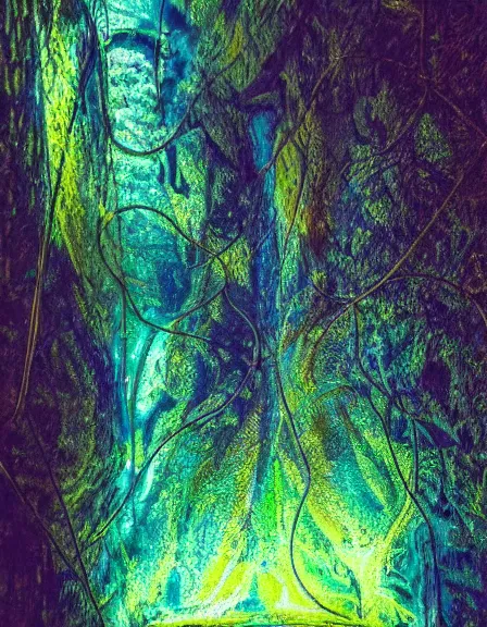 Image similar to vintage color photo of a giant 1 1 0 million years old abstract sculpture made of light beams and liquid gold covered by the jungle vines