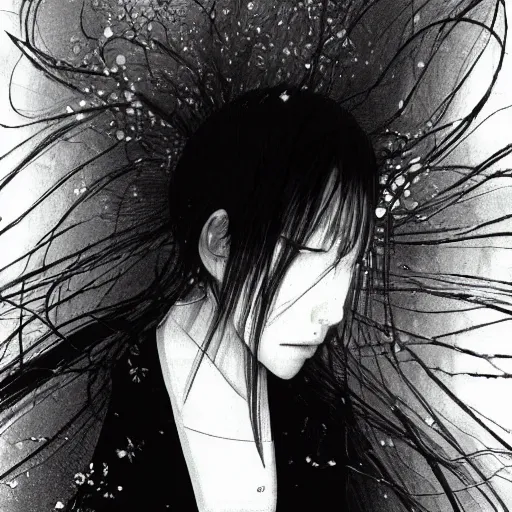 Image similar to Yoshitaka Amano dreamy and blurry portrait of an anime girl with white hair and cracks on her face wearing dress suit with tie fluttering in the wind, abstract black and white patterns on the background, head turned to the side, noisy film grain effect, highly detailed, Renaissance oil painting, weird camera angle