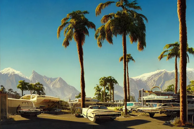 Image similar to natural american landscape | abandoned motel | palm trees | snowy mountains, painting by syd mead and weta studio and moebius and james jean and frank frazetta, highly detailed, rule of third, soft lighting, 8 k resolution, oil on canvas, architectural magazine, beautiful detailed, insanely intricate details, artstation trending, hypermaximalistic, high details, cinematic