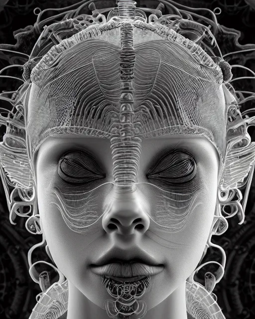 Image similar to mythical dreamy black and white organic bio-mechanical spinal ribbed profile face portrait detail of translucent steampunk beautiful siamese females angelic-human-queen-vegetal-cyborg, highly detailed, intricate trnaslucent ivy jelly ornate, poetic, translucent roses ornate, 3D render, digital art, octane render, 8K artistic photography, photo-realistic, by Dora Maar