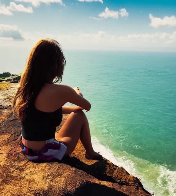 Prompt: a 4 k photorealistic photo of a girl sitting on a cliff overlooking a beach