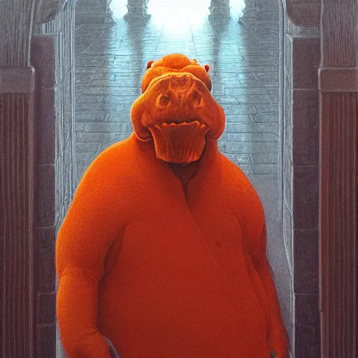 Image similar to anthropomorphic hippopotamus humanoid in orange robes by wayne barlowe, water temple, winter, fantasy
