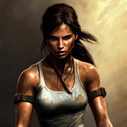 Prompt: Portrait Lara Croft, Tomb Raider, Alicia Vikander, beautiful, 4k oil on linen by wlop, artgerm, andrei riabovitchev, nuri iyem, james gurney, james jean, greg rutkowski, highly detailed, soft lighting 8k resolution