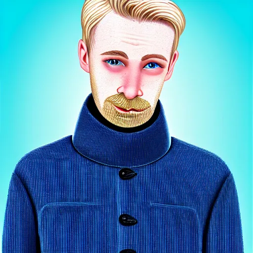 Prompt: A gangly british man, with short blond hair and short beard wearing a corduroy jacket and turtleneck , blue eyes, pale skin, English heritage, digital art, cartoon, mid-shot, 8k