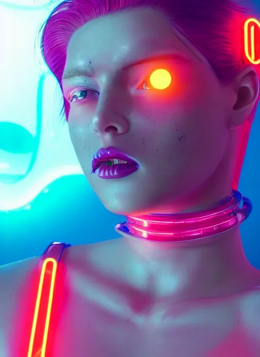 Image similar to a beautiful female humanoid with freckles cheeks, cyber neon lighting, retro futurism, intricate futuristic jewelry, retro futuristic glossy latex suit, transparent plastic sleeveless vest, profile posing, hyper photorealistic, crispy quality, digital photography, trending in artstation, trending in pinterest, cinematic, 4 k ultra hd, art by pascal blanche, art by greg rutkowski,