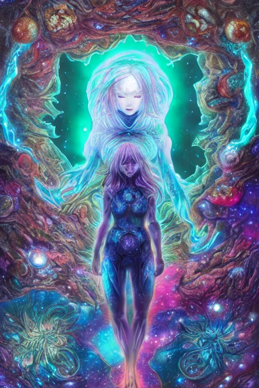 Prompt: upper body portrait, deep space, seascape, castlevania carmilla, jennifer connely, masterpiece by shikinami asuka langley, ernst haeckel, cosmos, psychedelic flowers, rainbow aura quartz, organic, oni compound artwork, of character, render, artstation, portrait, wizard, beeple, art, fantasy, epcot, psychedelic