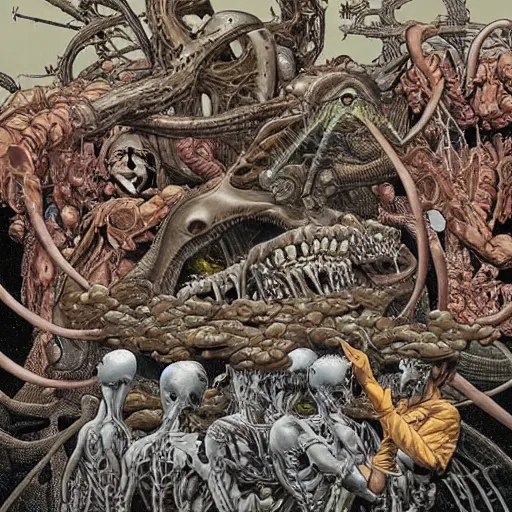 Image similar to an impossible nightmare beyond comprehension, very very detailed painting by geof darrow and greg rutowski and hr giger