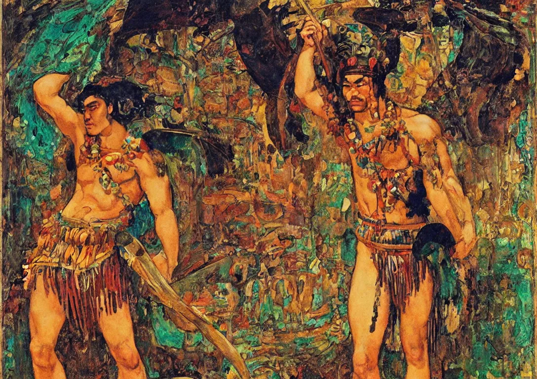 Prompt: a polynesian greek god searching through the streets of an abandoned village, sparse detail, complementary color scheme, by george luks, mati klarwein and moebius