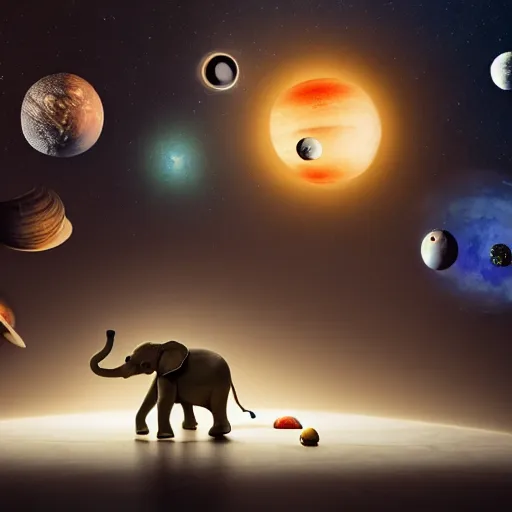 Image similar to a hyperrealistic 3D octane render of an elephant playing piano in a planetarium with planets and galaxies, trending on artstation, photorealism, 8k, 4K, dramatic lighting, glowing, volumetric lighting, ray tracing, unreal engine