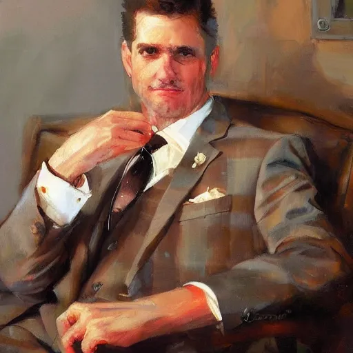 Image similar to portrait of a calico cat sitting on the lap of a man wearing a suit, rob rey, giuseppe dangelico pino, michael garmash, highly detailed, masterpiece