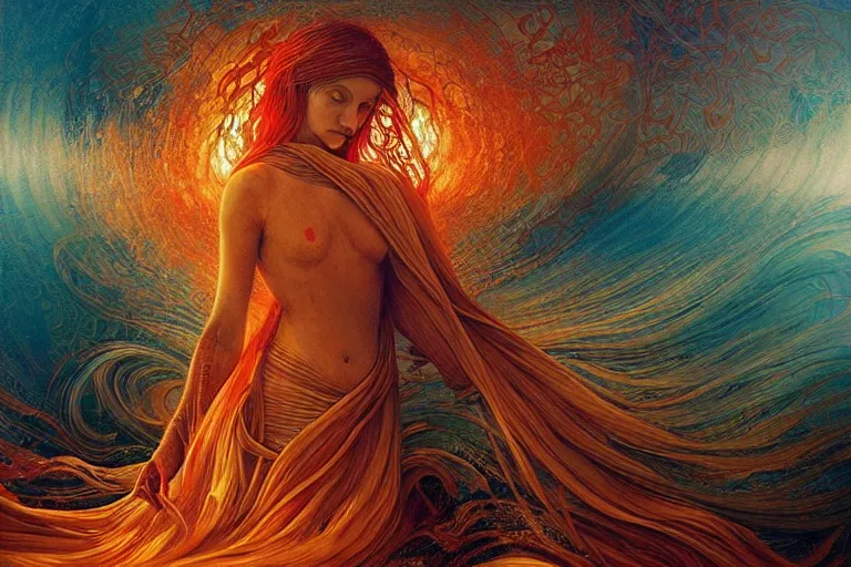 Prompt: ocean of canvas catching fire, emotional, intricate, ornate, art nouveau, inspired by reylia slaby, peter gric, volumetric lighting, more more more more more more more death