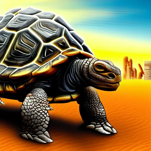 Image similar to Large Fantasy City riding on the back of a Giant tortoise stomping through the hot sunny desert, High detail, Dungeons and Dragons, Focus on giant tortoise, 4k