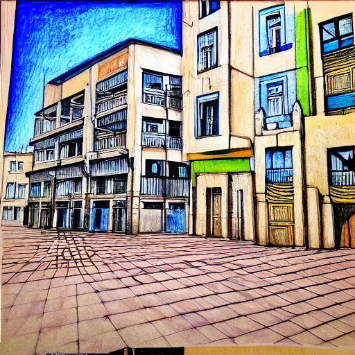 Prompt: drawing of a square in tel aviv with bauhaus buildings. art. colored. highly detailed. pen drawing water colors.