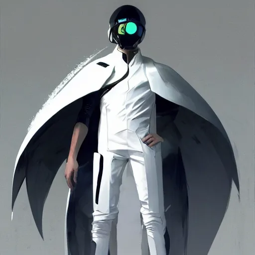 Image similar to full body portrait of a male character in sleek clothes, in a futuristic flowing white tailcoat, wearing a white full-face helmet with five round lenses for eyes, many eyes, dramatic lighting, illustration by Greg rutkowski, yoji shinkawa, 4k, digital art, concept art, trending on artstation