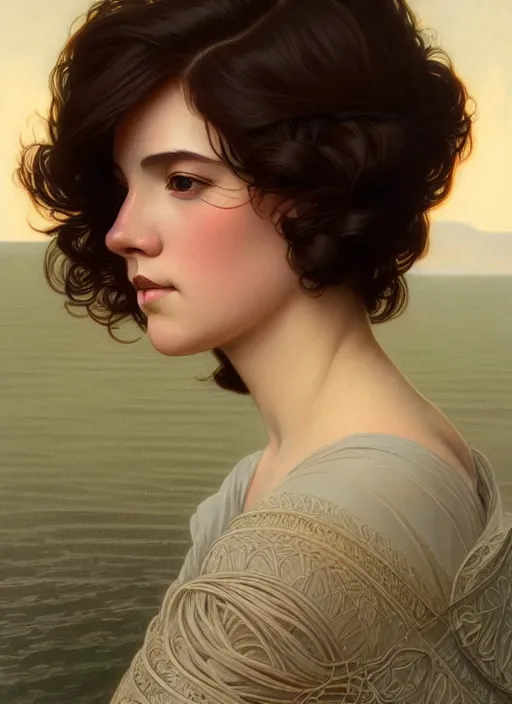 Image similar to symmetrical, full body portrait of a woman with short wavy hair, round face, cottagecore!!, lake, intricate, elegant, highly detailed, digital painting, artstation, concept art, smooth, sharp focus, illustration, art by artgerm and greg rutkowski and alphonse mucha