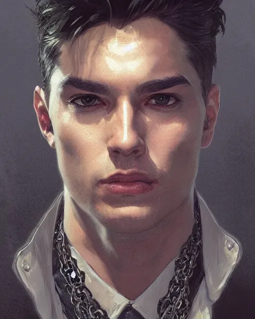 Prompt: '' Face portrait of a young handsome detective with a black leather coat, neck chains, short hair , sci-fy, cyber punk, high detail, digital painting, artstation, concept art, sharp focus, illustration, art by greg rutkowski and alphonse mucha ''