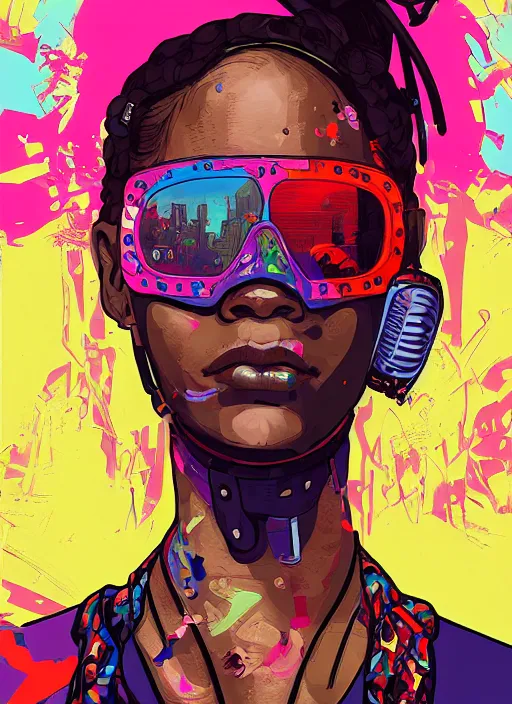 Prompt: sophia igwe. cyberpunk. portrait illustration, pop art, splash painting, art by geof darrow, ashley wood, alphonse mucha, makoto shinkai ( apex legends )