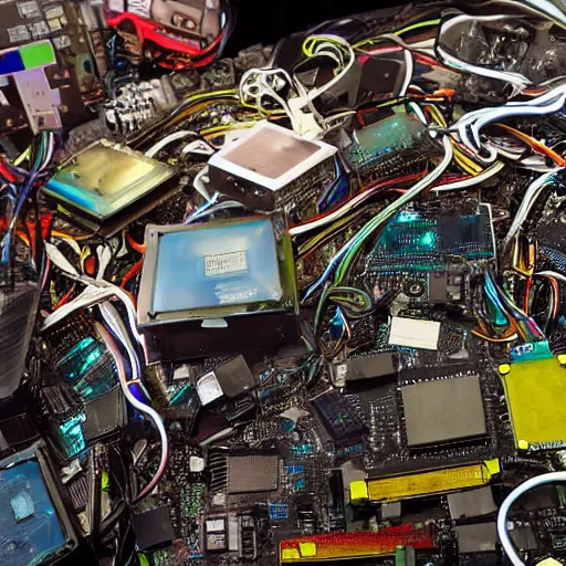 Image similar to a pile of neon lit motherboards and computer parts covering Grimes sitting in a large vintage room