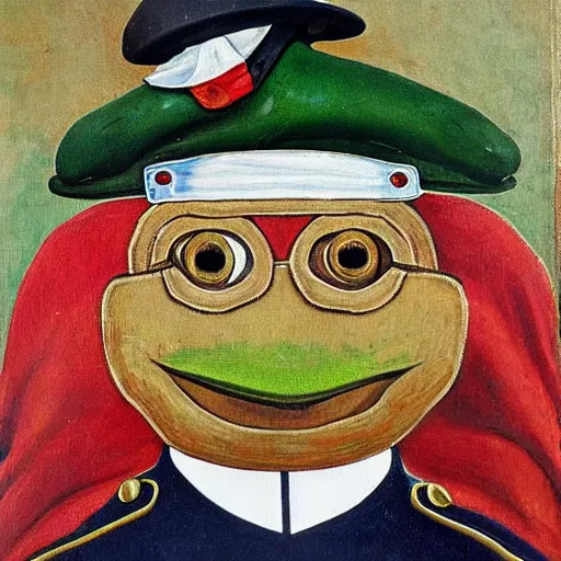 Image similar to pepe the frog in ww 1 military parade, schirmmutzen, pickelhaube, expressive oil painting in style of sandro botticelli and leonardo da vinci, uncropped