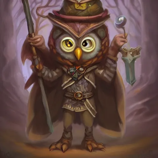 Image similar to cute little anthropomorphic Owl, wielding a magic staff, tiny, small, short, Wizard robe, cute and adorable, pretty, beautiful, DnD character art portrait, matte fantasy painting, DeviantArt Artstation, by Jason Felix by Steve Argyle by Tyler Jacobson by Peter Mohrbacher, cinema