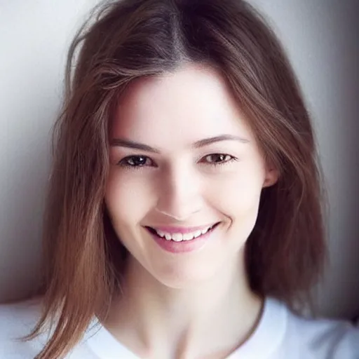 Image similar to very very very perfect face of a woman, soft skin, shy smile