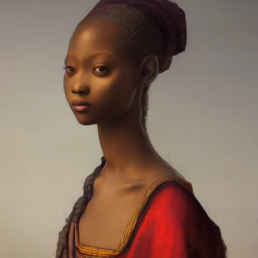 Prompt: a painting of a beautiful African girl by Leonardo da Vinci . dramatic angle, ethereal lights, details, smooth, sharp focus, illustration, realistic, cinematic, artstation, award winning, rgb , unreal engine, octane render, cinematic light, macro, depth of field, blur, red light and clouds from the back, highly detailed epic cinematic concept art CG render made in Maya, Blender and Photoshop, octane render, excellent composition, dynamic dramatic cinematic lighting, aesthetic, very inspirational, arthouse.