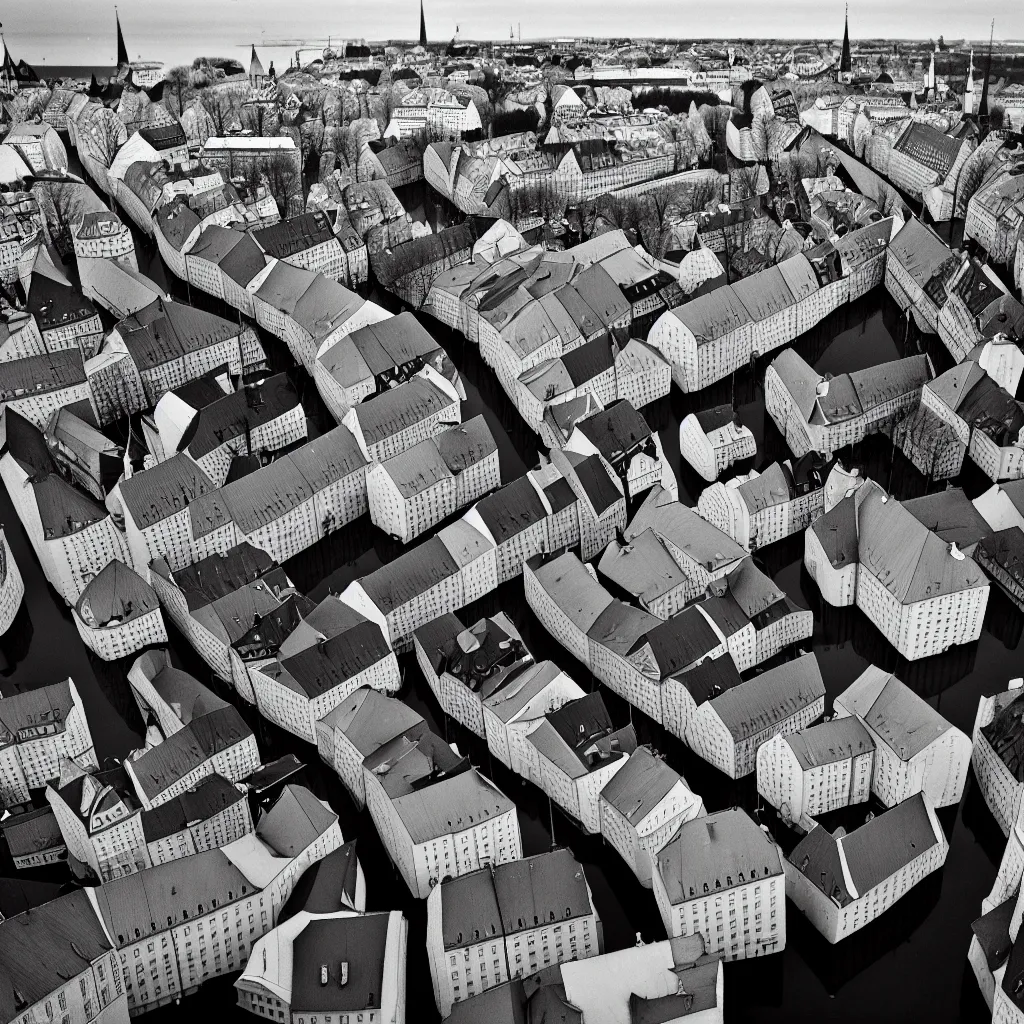 Prompt: streets of modern Tallinn, capital of estonia, with old buildings and modern skyscrapers suffering from floods cause by climate change in the year 2100, landscape photography by Henri Cartier-Bresson, ultra detailed, 8k,