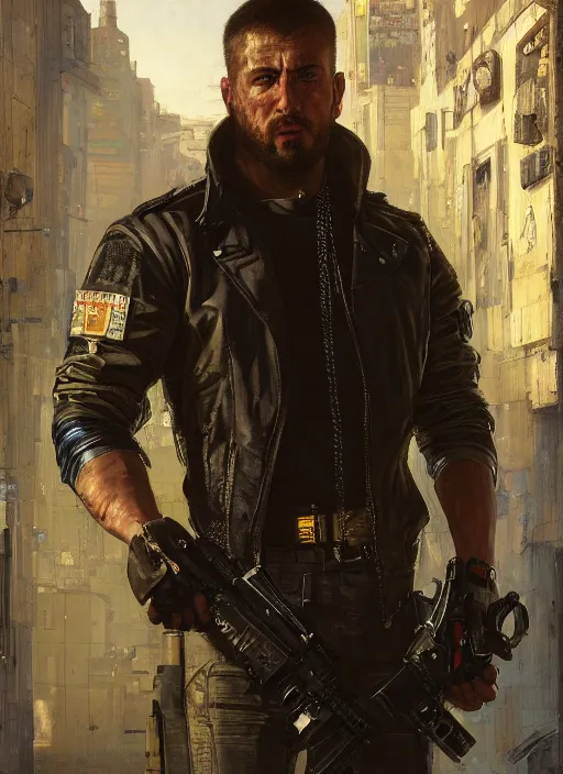 Image similar to big mike. cyberpunk Thug wearing a military vest and combat gear. (Cyberpunk 2077, bladerunner 2049). Round face. Iranian orientalist portrait by john william waterhouse and Edwin Longsden Long and Theodore Ralli and Nasreddine Dinet, oil on canvas. Cinematic, hyper realism, realistic proportions, dramatic lighting, high detail 4k