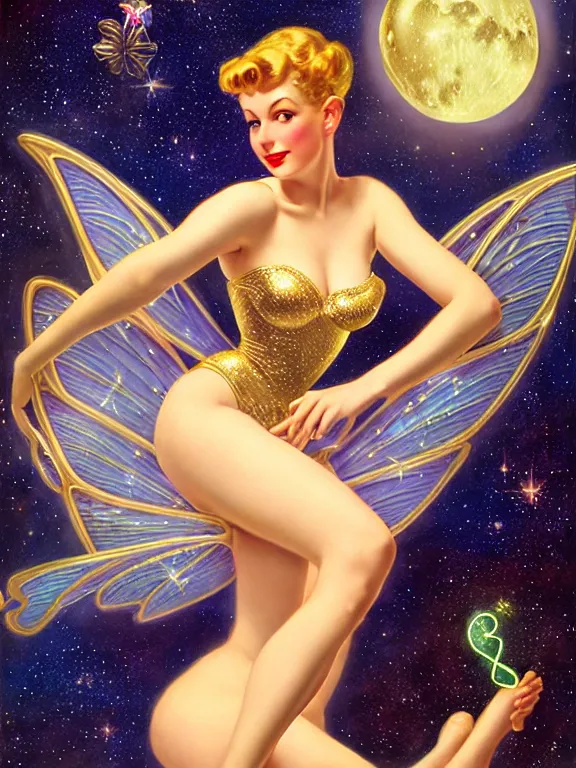 Image similar to Diana argon as tinkerbell glowing, a beautiful art nouveau portrait by Gil elvgren and Hajime Sorayama, moonlit starry sky environment, centered composition, defined features, golden ratio, gold jewlery, photorealistic professionals lighting, cinematic, sheer