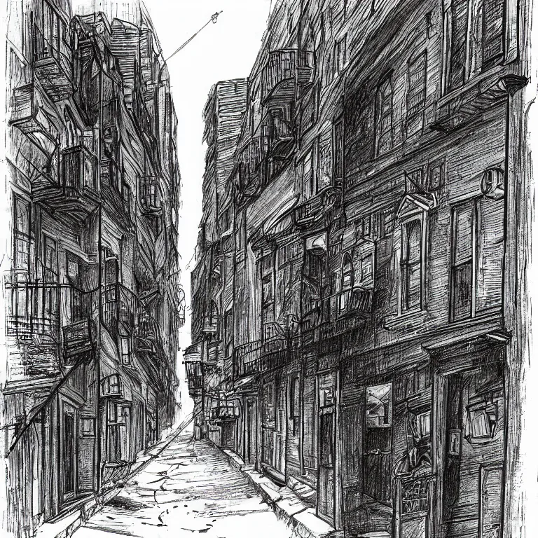 Prompt: a drawing in the style of stephen gammell of a alley way in new york city infested with rats and cockroaches